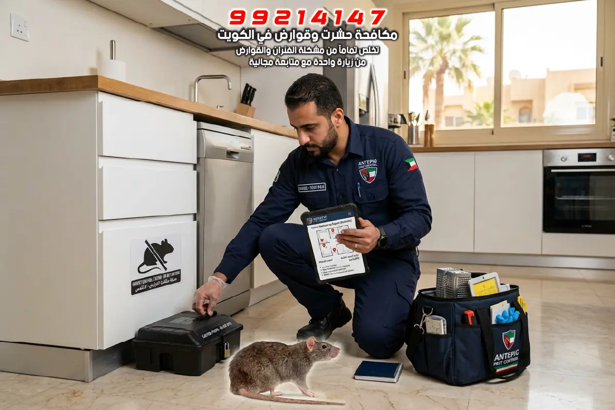 فني شركة مكافحة قوارض الأحمدي من أنتيبج يقوم بمكافحة القوارض داخل منزل باستخدام صناديق الطعم الآمنة
