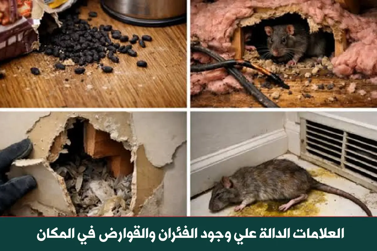 علامات وجود القوارض في المنزل مثل الفضلات السوداء وآثار القضم على الأسلاك والكرتون في مبارك الكبير